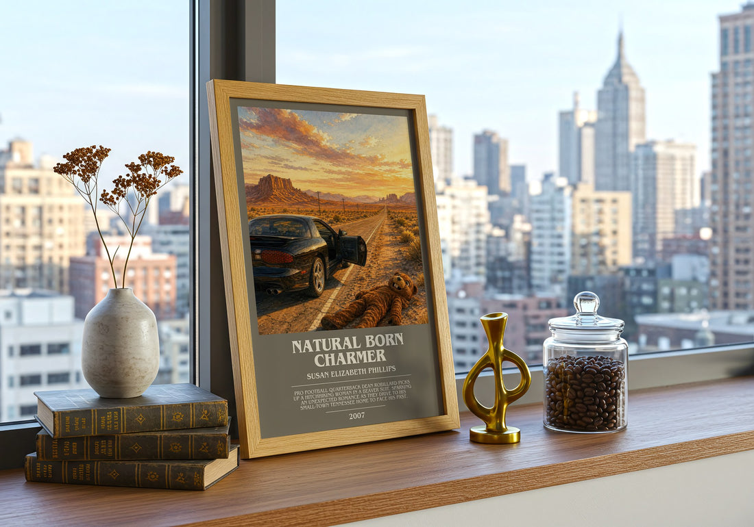 Natural Born Charmer bookish print framed by window – literary home decor
