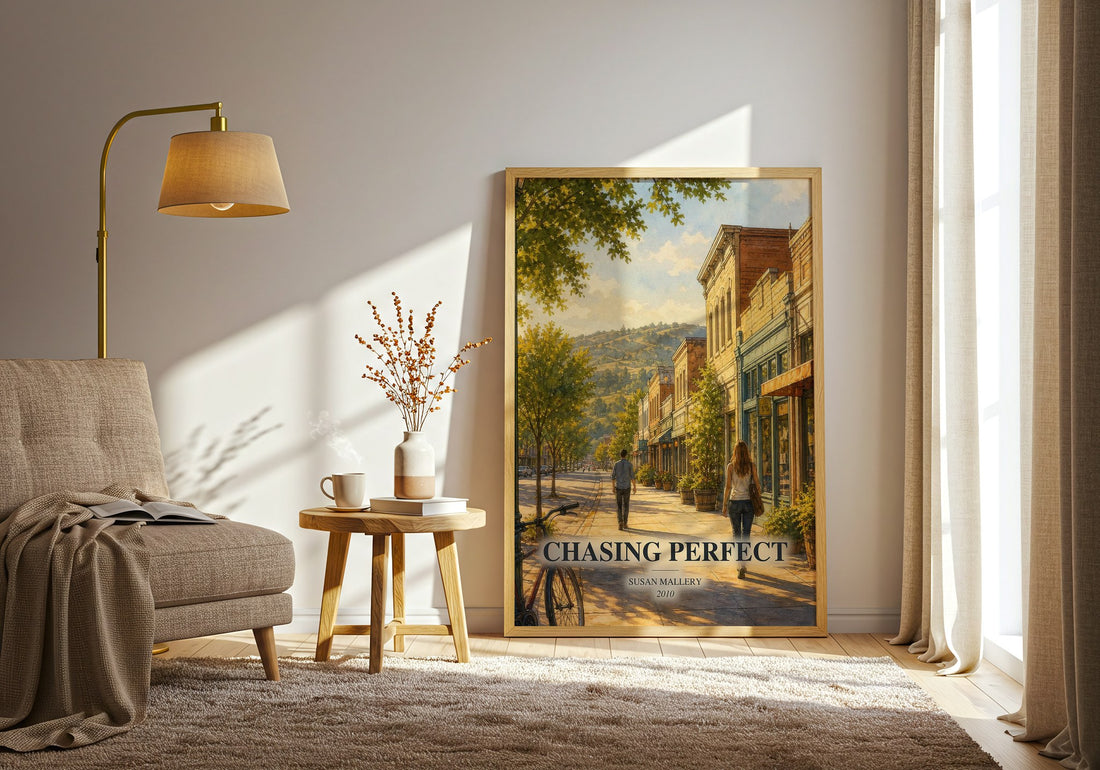 Chasing Perfect watercolour print in frame leaning in hallway – romance wall art (mockup)