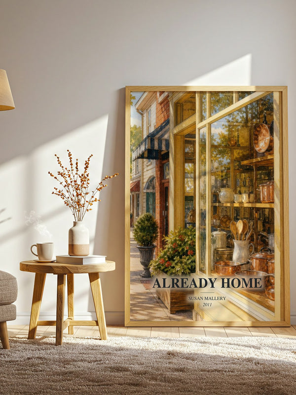 Already Home watercolour print in frame leaning in hallway – contemporary fiction wall art