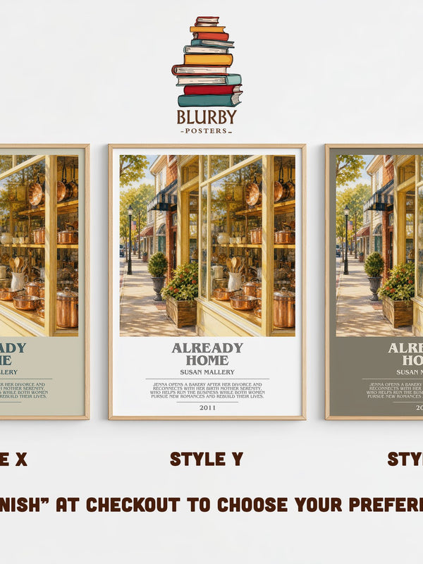 Already Home bookish print in frame leaning in hallway – contemporary fiction wall art
