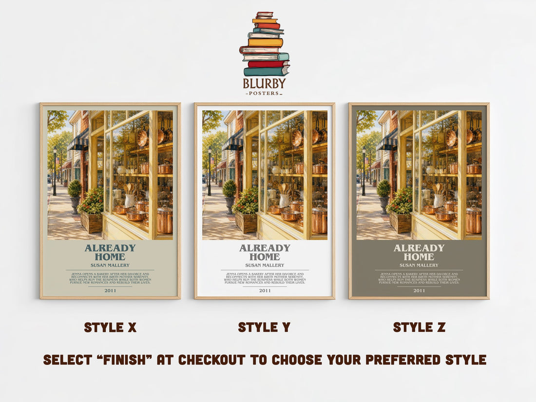 Already Home bookish print in frame leaning in hallway – contemporary fiction wall art (mockup)