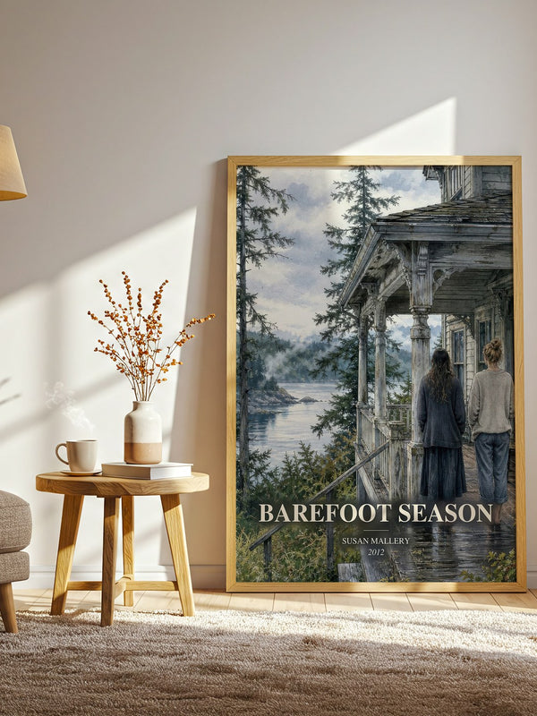 Barefoot Season watercolour print in frame leaning in hallway – contemporary fiction wall art