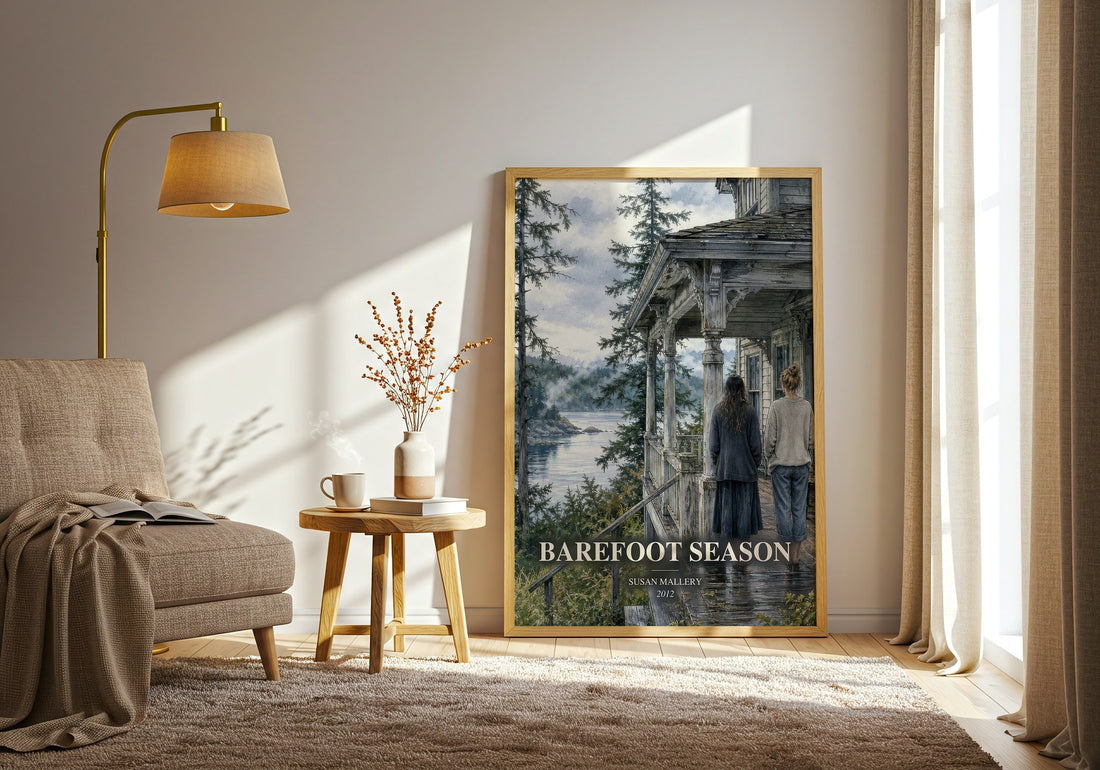 Barefoot Season watercolour print in frame leaning in hallway – contemporary fiction wall art (mockup)