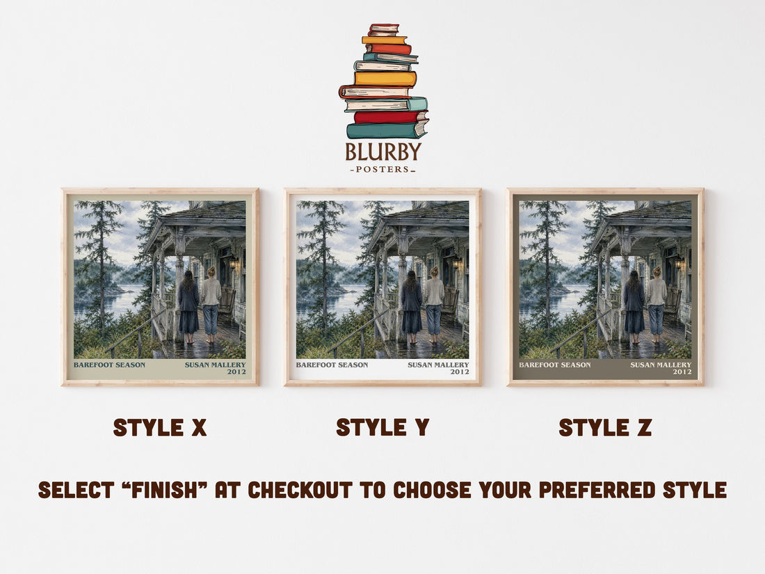 Barefoot Season literary print in frame leaning in hallway – contemporary fiction wall art (mockup)