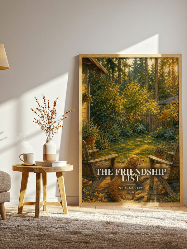 The Friendship List watercolour print in frame leaning in hallway – contemporary fiction wall art
