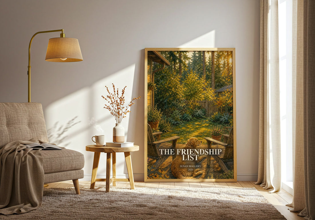 The Friendship List watercolour print in frame leaning in hallway – contemporary fiction wall art (mockup)