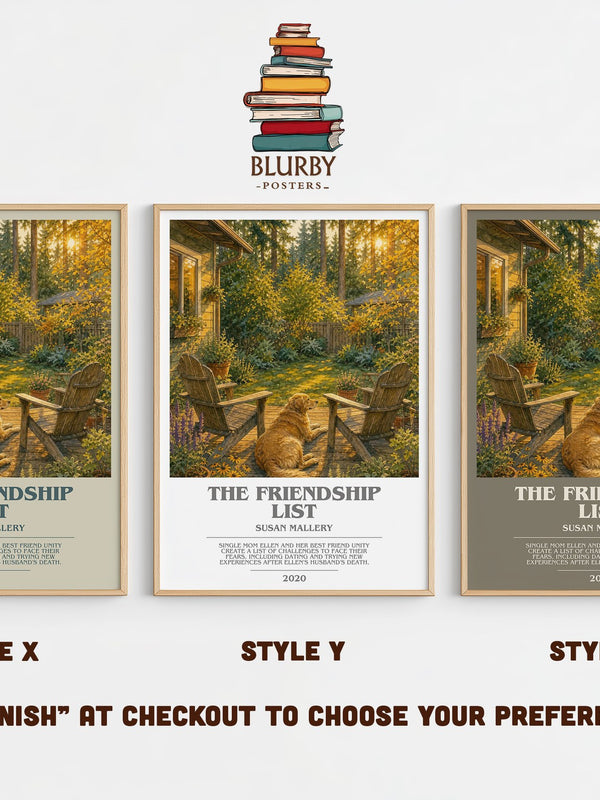 The Friendship List bookish print in frame leaning in hallway – contemporary fiction wall art