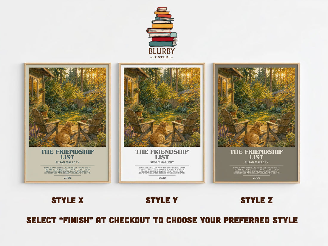The Friendship List bookish print in frame leaning in hallway – contemporary fiction wall art (mockup)