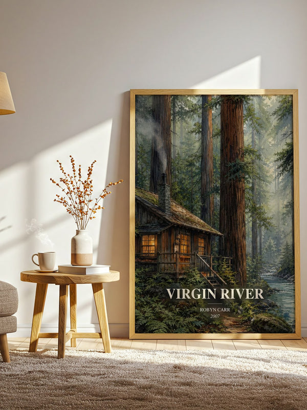 Virgin River watercolour print in frame leaning in hallway – romance wall art