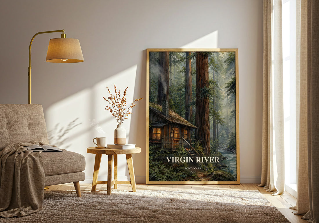 Virgin River watercolour print in frame leaning in hallway – romance wall art (mockup)