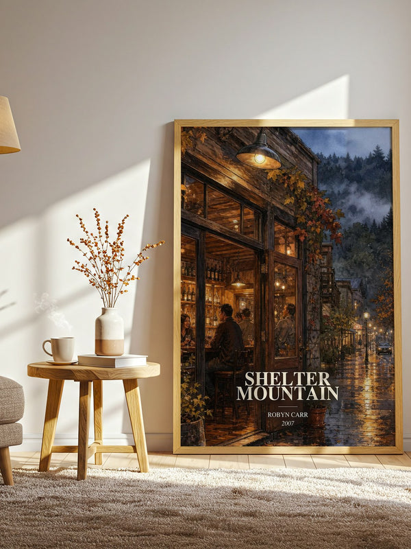 Shelter Mountain watercolour print in frame leaning in hallway – romance wall art