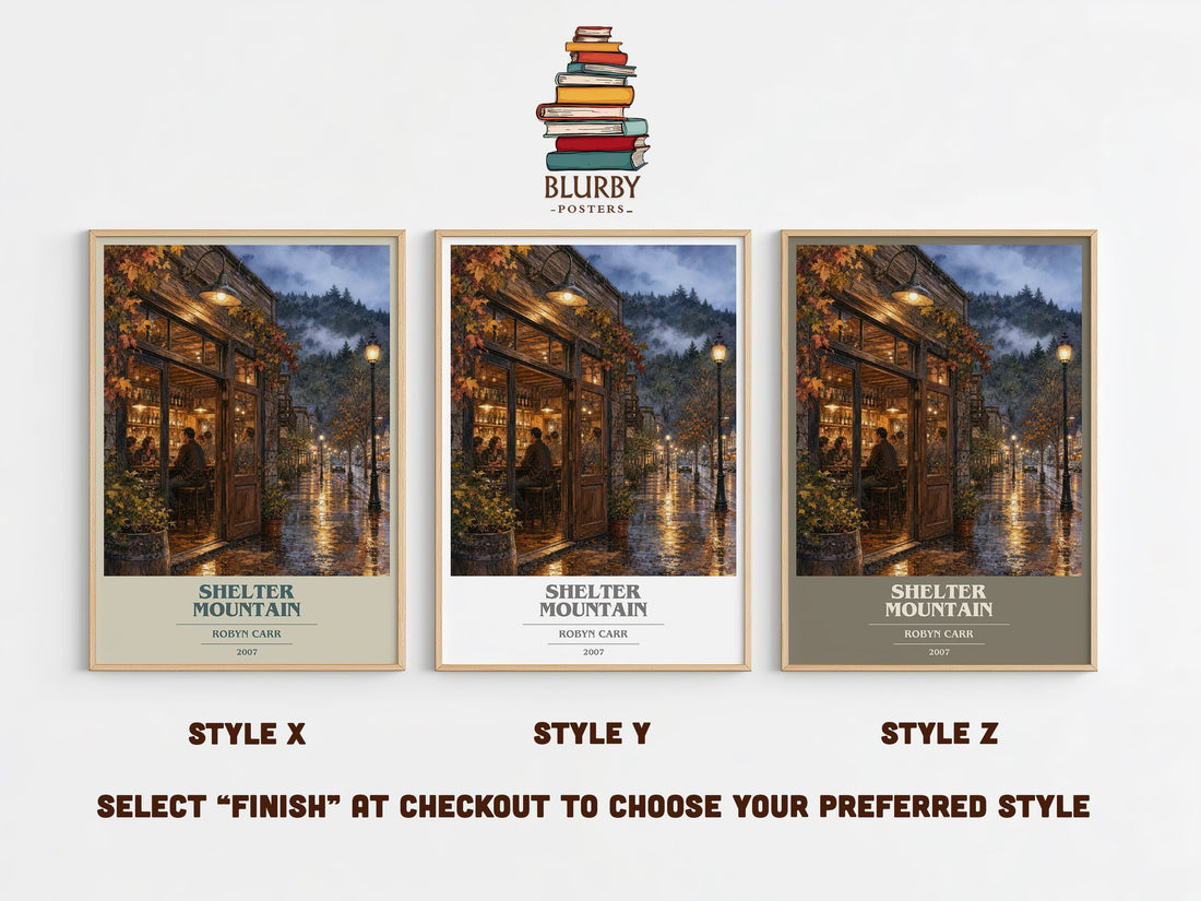 Shelter Mountain book cover print in frame leaning in hallway – romance wall art (mockup)