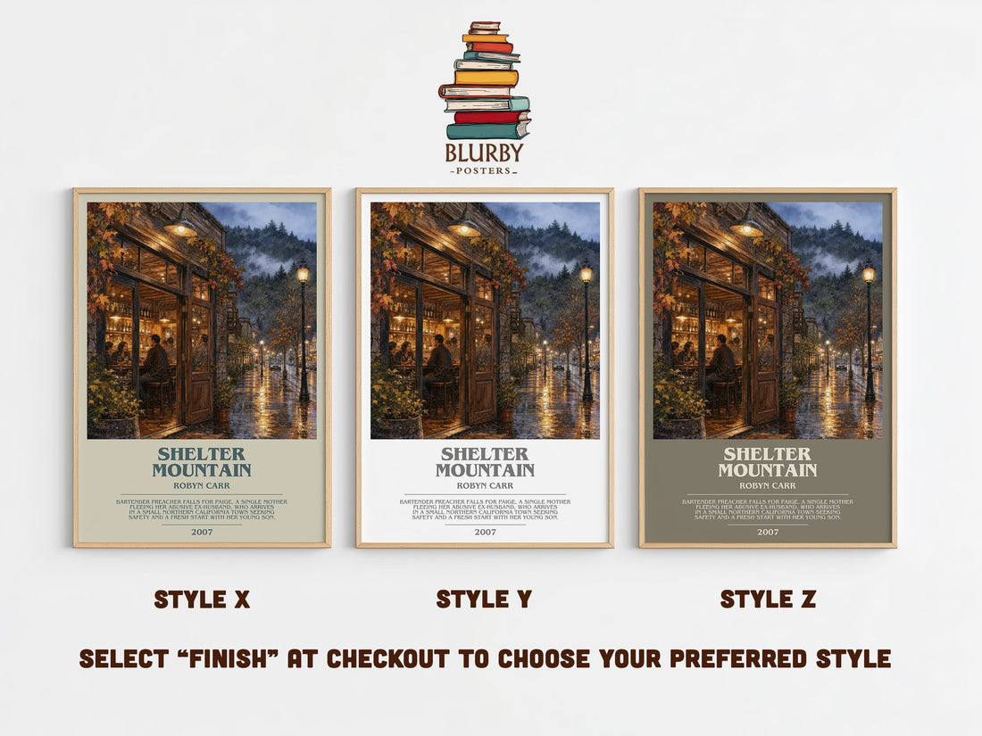 Shelter Mountain bookish print in frame leaning in hallway – romance wall art (mockup)