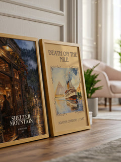 Shelter Mountain watercolour print framed by window – literary home decor