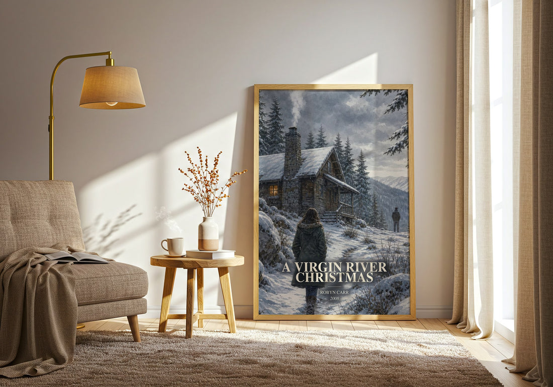 A Virgin River Christmas watercolour print in frame leaning in hallway – romance wall art (mockup)
