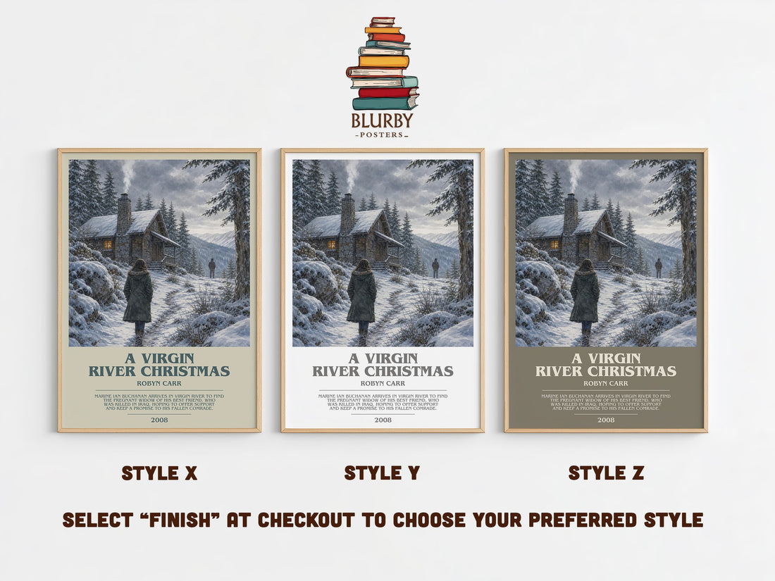 A Virgin River Christmas bookish print in frame leaning in hallway – romance wall art (mockup)