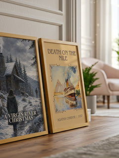 A Virgin River Christmas watercolour print framed by window – literary home decor