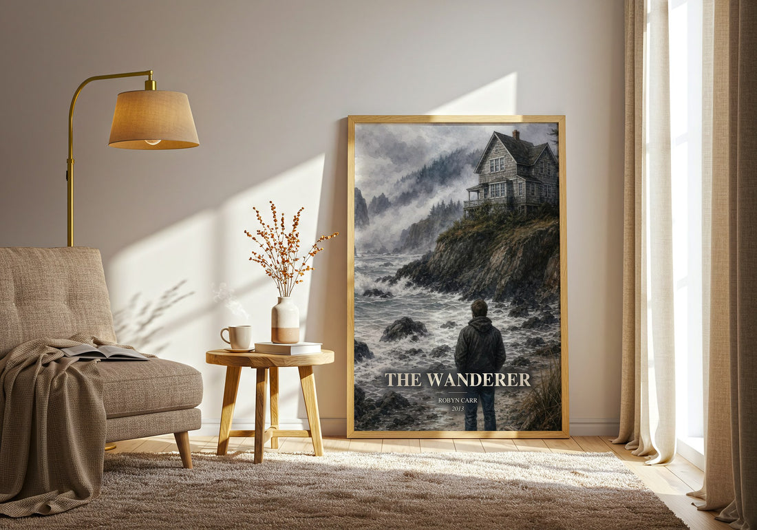 The Wanderer watercolour print in frame leaning in hallway – romance wall art (mockup)
