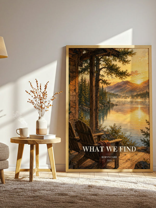 What We Find watercolour print in frame leaning in hallway – contemporary fiction wall art