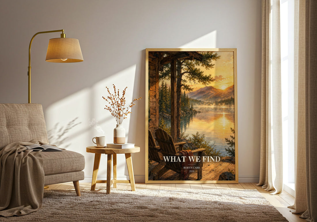 What We Find watercolour print in frame leaning in hallway – contemporary fiction wall art (mockup)