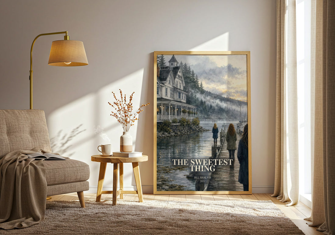 The Sweetest Thing watercolour print in frame leaning in hallway – romance wall art (mockup)