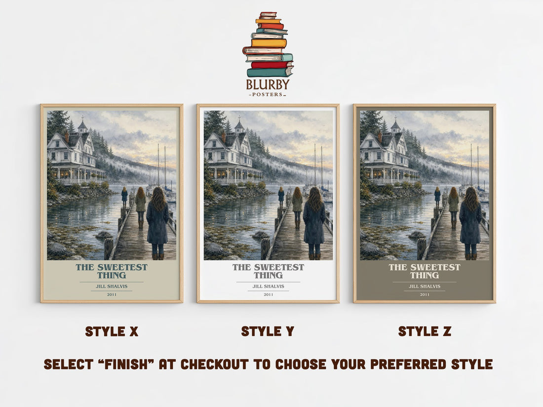 The Sweetest Thing book cover print in frame leaning in hallway – romance wall art (mockup)