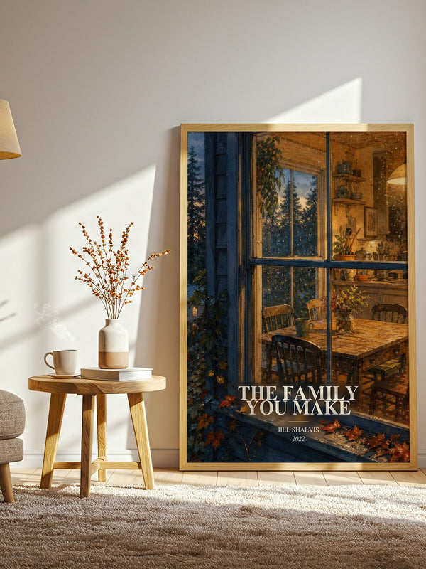 The Family You Make watercolour print in frame leaning in hallway – romance wall art