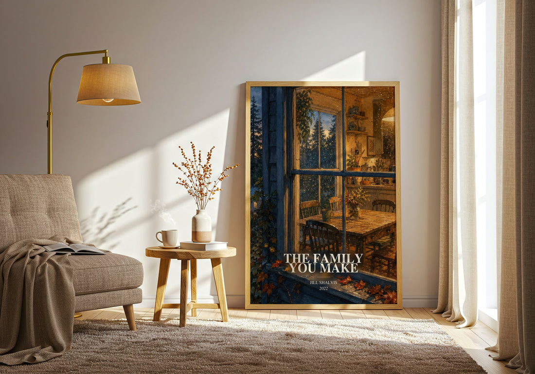 The Family You Make watercolour print in frame leaning in hallway – romance wall art (mockup)