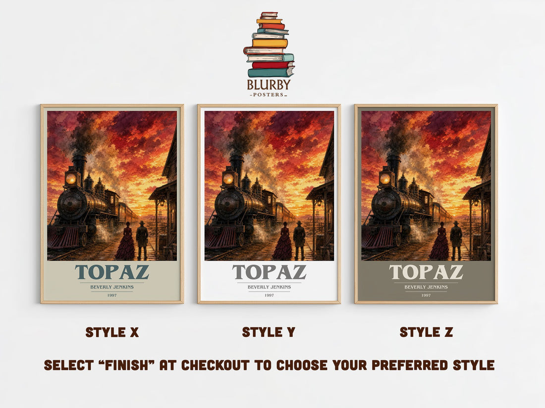 Topaz book cover print in frame leaning in hallway – romance wall art (mockup)