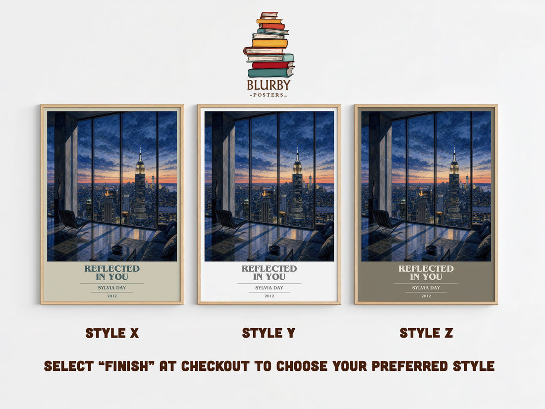 Reflected in You book cover print in frame leaning in hallway – romance wall art (mockup)