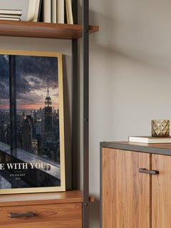 One with You Book Watercolour Illustration by Sylvia Day – framed print on a shelf by a wooden cabinet