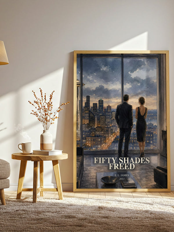 Fifty Shades Freed watercolour print in frame leaning in hallway – romance wall art