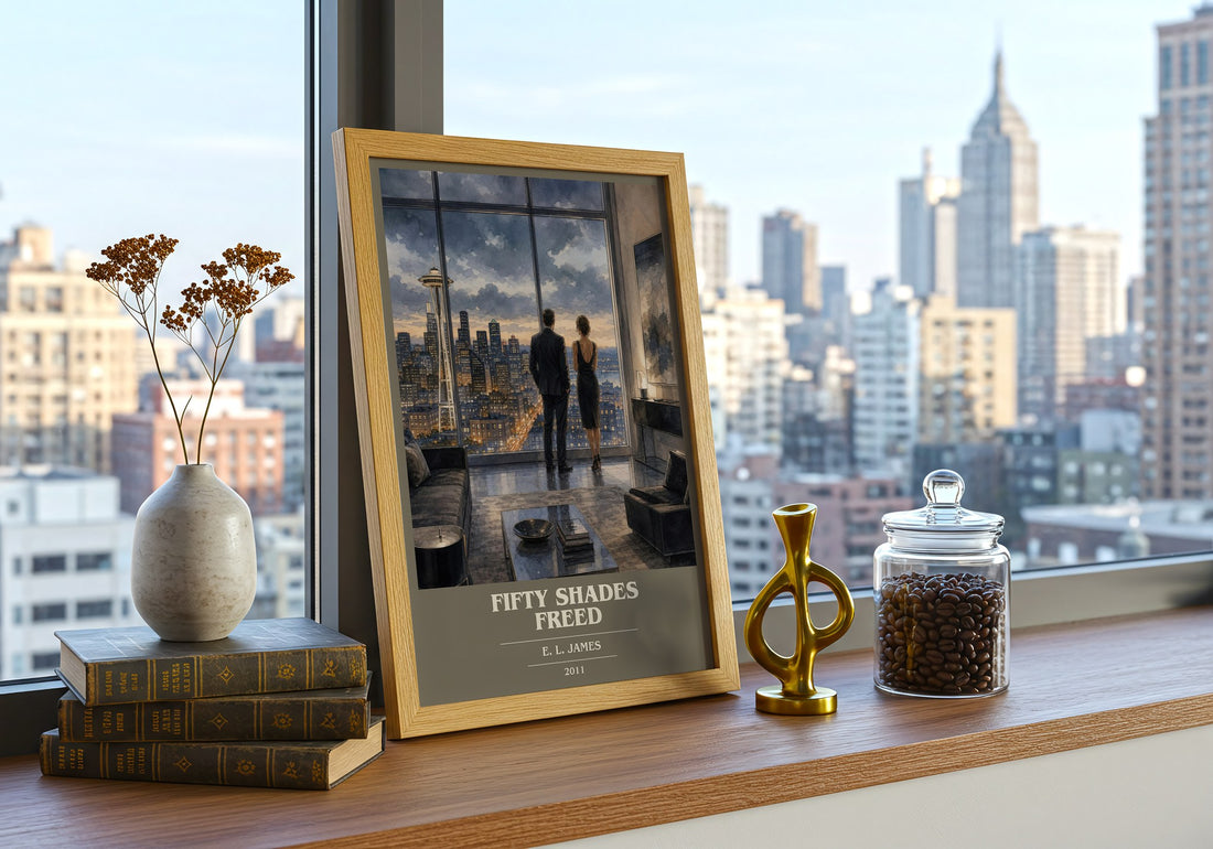 Fifty Shades Freed book cover print framed by window – literary home decor