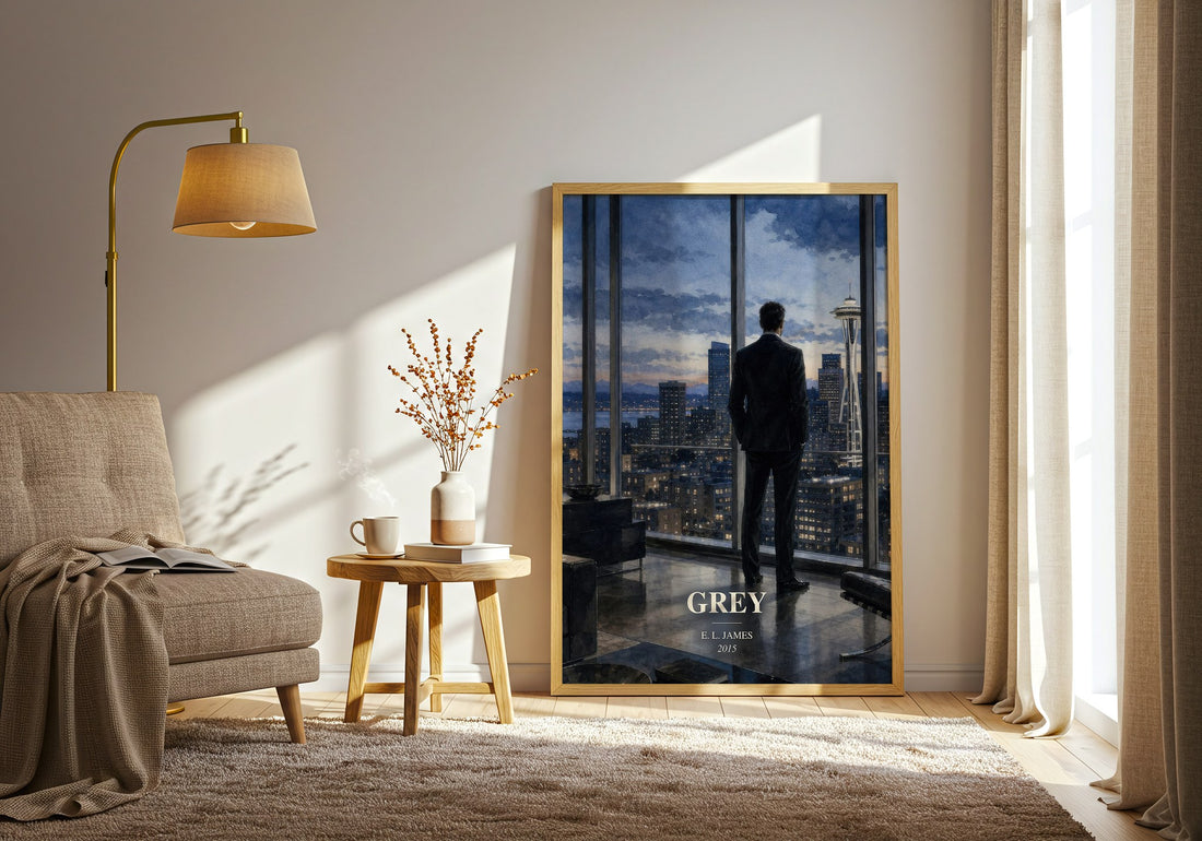 Grey watercolour print in frame leaning in hallway – romance wall art (mockup)