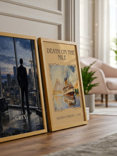Grey watercolour print framed by window – literary home decor