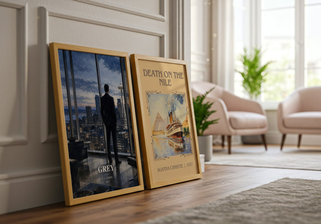 Grey watercolour print framed by window – literary home decor