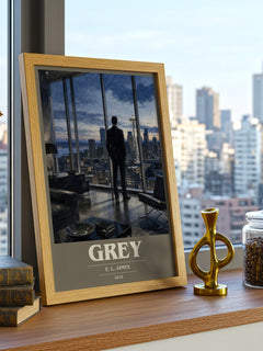 Grey book cover print framed by window – literary home decor