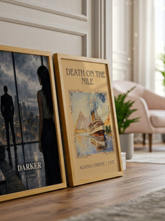 Darker watercolour print framed by window – literary home decor