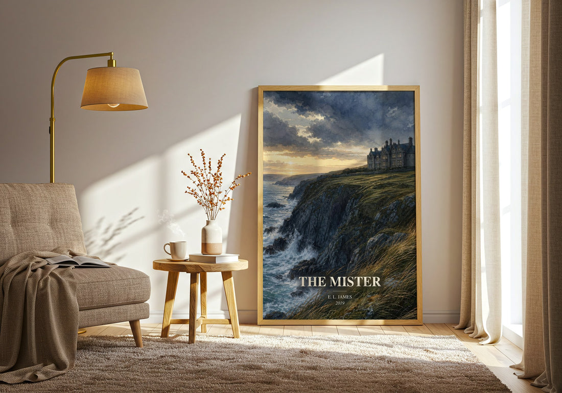 The Mister watercolour print in frame leaning in hallway – romance wall art (mockup)
