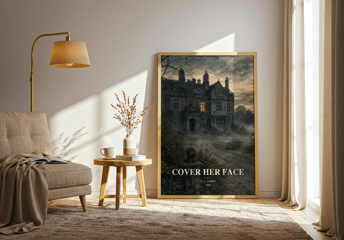 Cover Her Face watercolour print in frame leaning in hallway – mystery wall art (mockup)