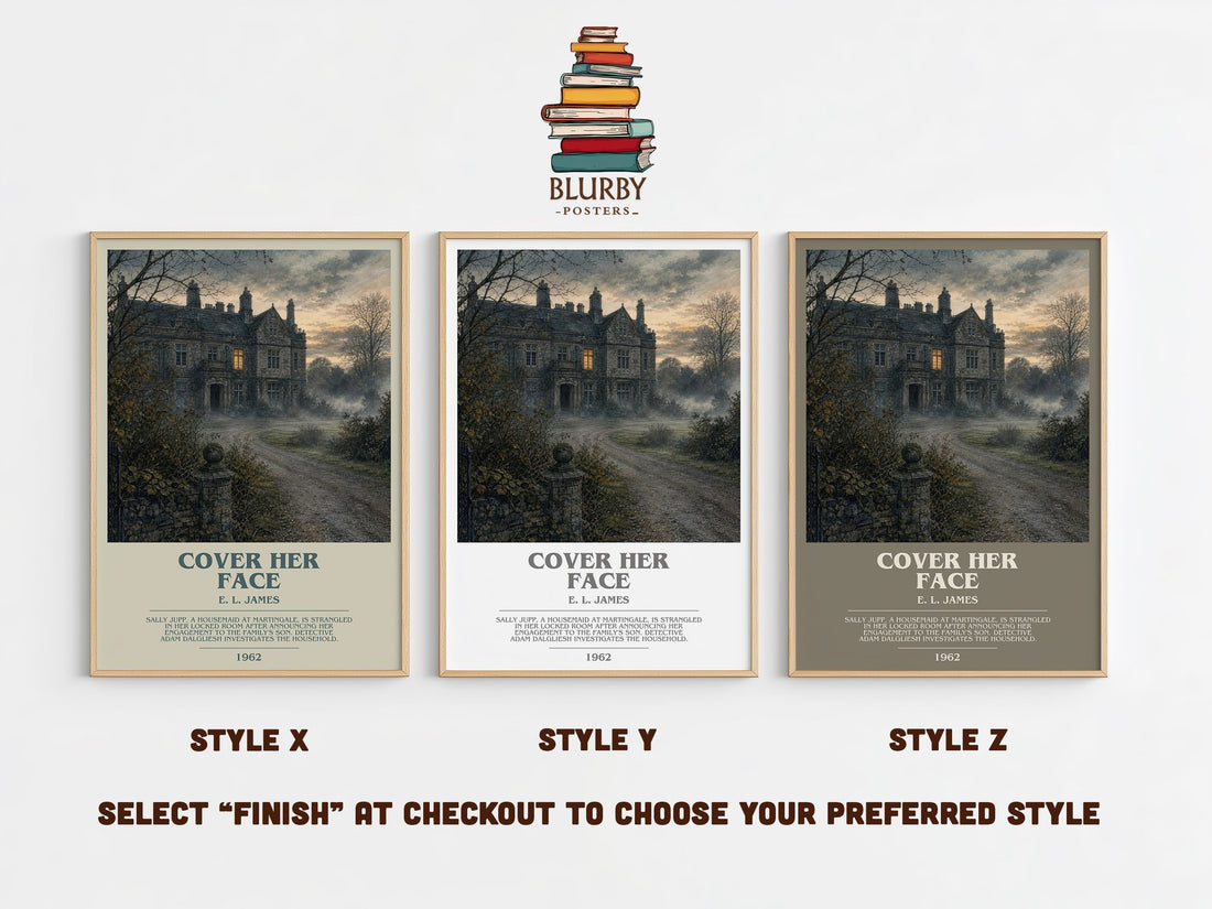Cover Her Face bookish print in frame leaning in hallway – mystery wall art (mockup)