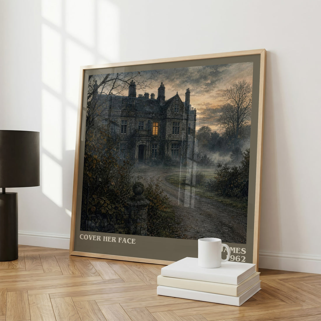 Cover Her Face Literary Art Print by E. L. James – large square framed print leaning against a wall