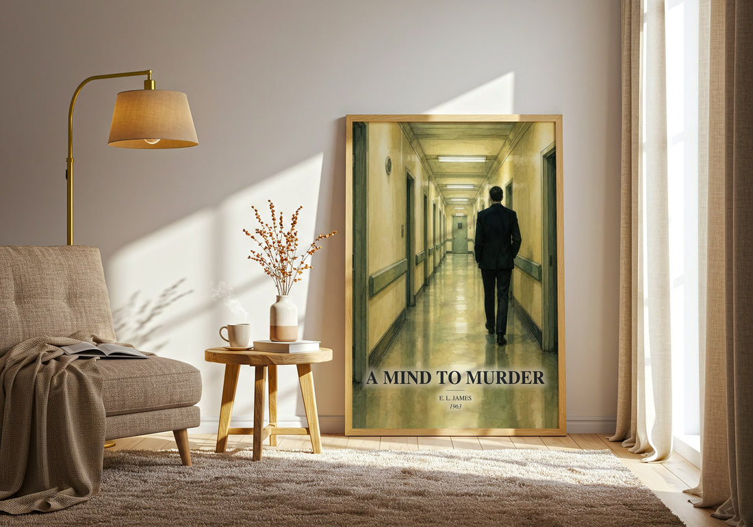 A Mind to Murder watercolour print in frame leaning in hallway – mystery wall art (mockup)