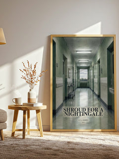 Shroud for a Nightingale watercolour print in frame leaning in hallway – mystery wall art