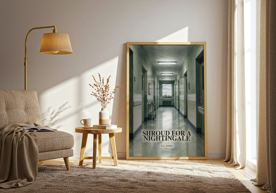 Shroud for a Nightingale watercolour print in frame leaning in hallway – mystery wall art (mockup)