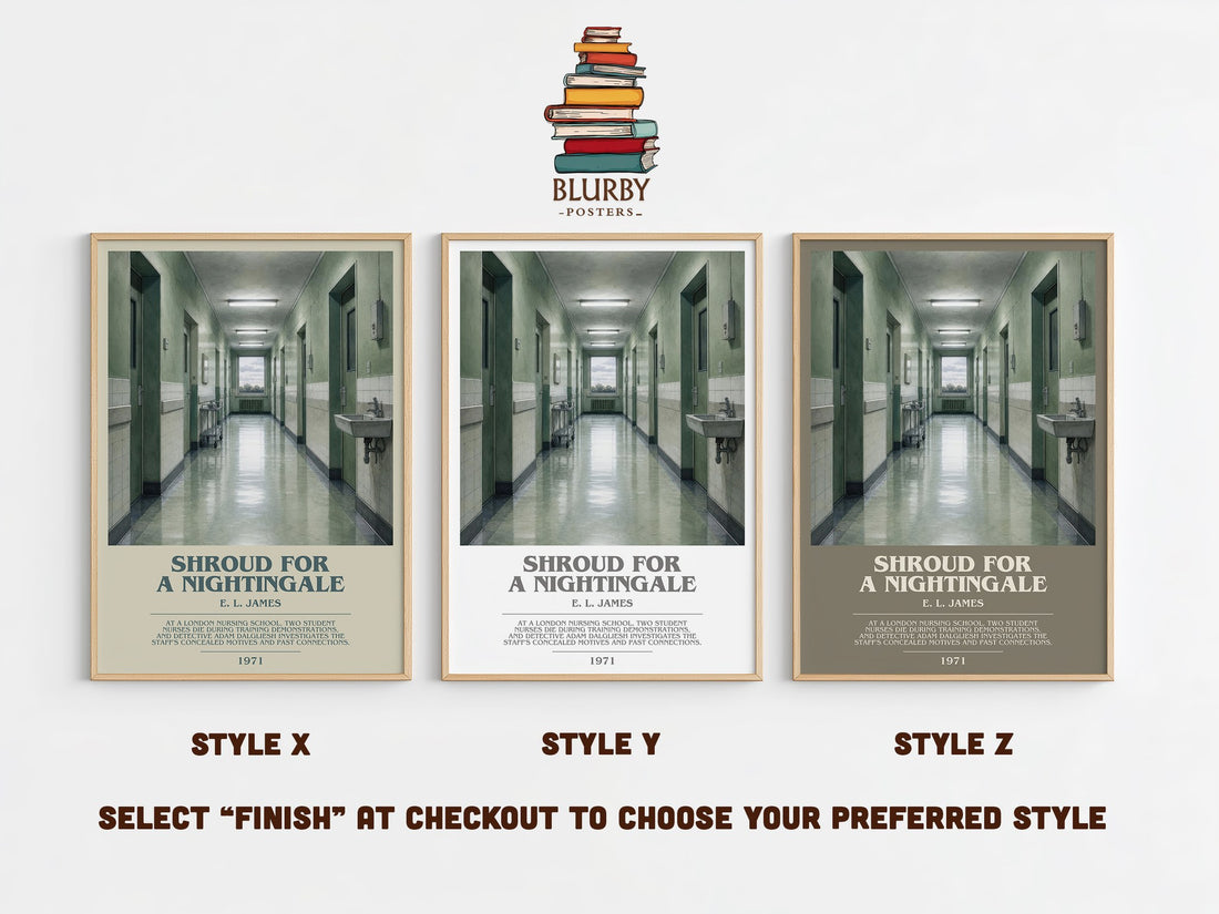 Shroud for a Nightingale bookish print in frame leaning in hallway – mystery wall art (mockup)