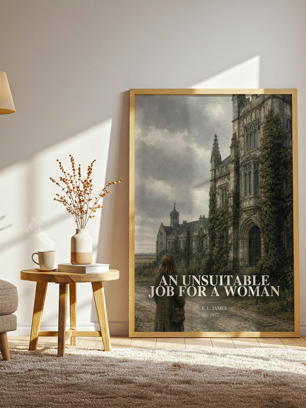 An Unsuitable Job for a Woman watercolour print in frame leaning in hallway – crime wall art
