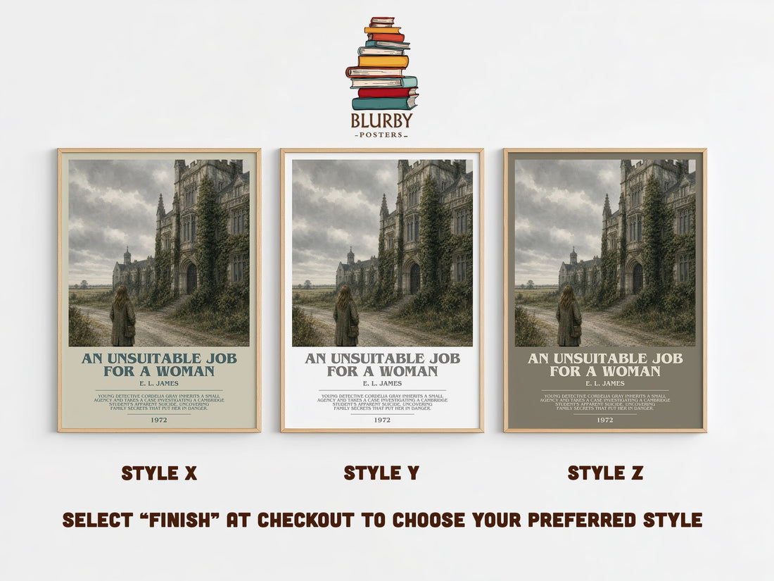 An Unsuitable Job for a Woman bookish print in frame leaning in hallway – crime wall art (mockup)