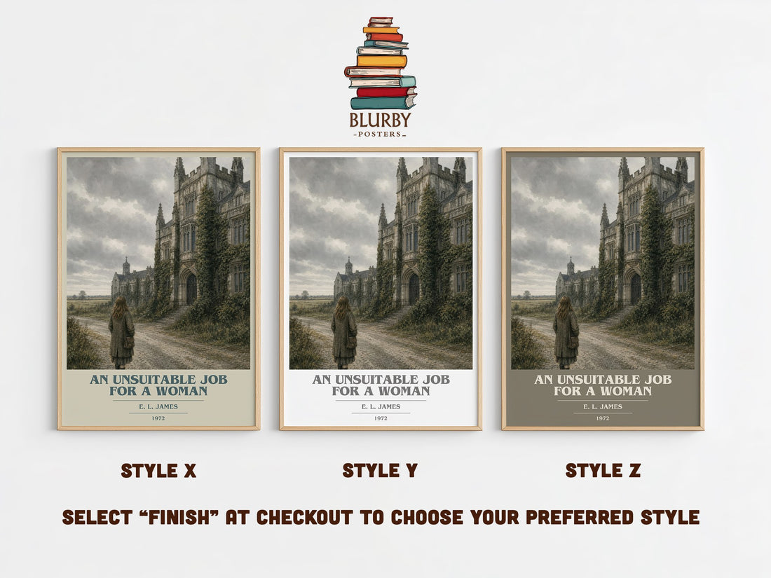 An Unsuitable Job for a Woman book cover print in frame leaning in hallway – crime wall art (mockup)