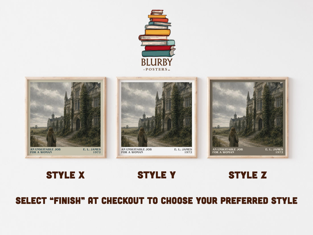 An Unsuitable Job for a Woman literary print in frame leaning in hallway – crime wall art (mockup)